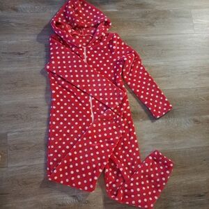Red Polka Dot One Piece Hooded Fleece  Front Zipper Jumpsuit Women's Size M